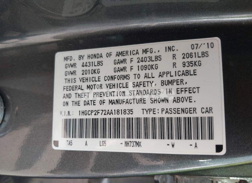 Photo 9 of 2010 Honda Accord 2.4 EX (VIN 1HGCP2F72AA181835)