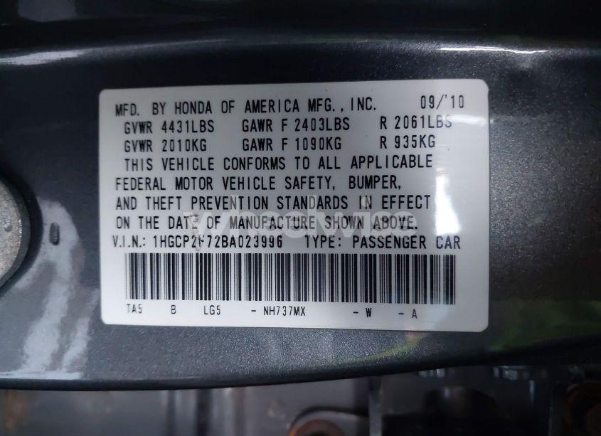 Photo 9 of 2011 Honda Accord 2.4 EX (VIN 1HGCP2F72BA023996)