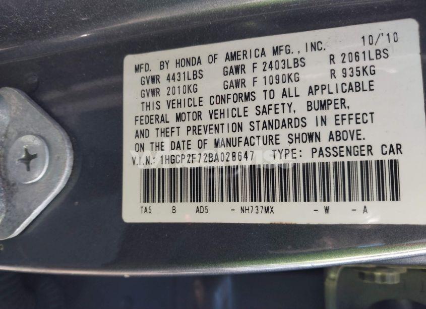 Photo 9 of 2011 Honda Accord 2.4 EX (VIN 1HGCP2F72BA028647)