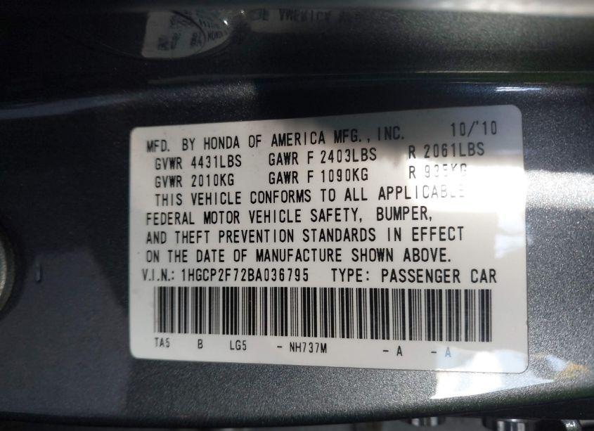 Photo 9 of 2011 Honda Accord 2.4 EX (VIN 1HGCP2F72BA036795)