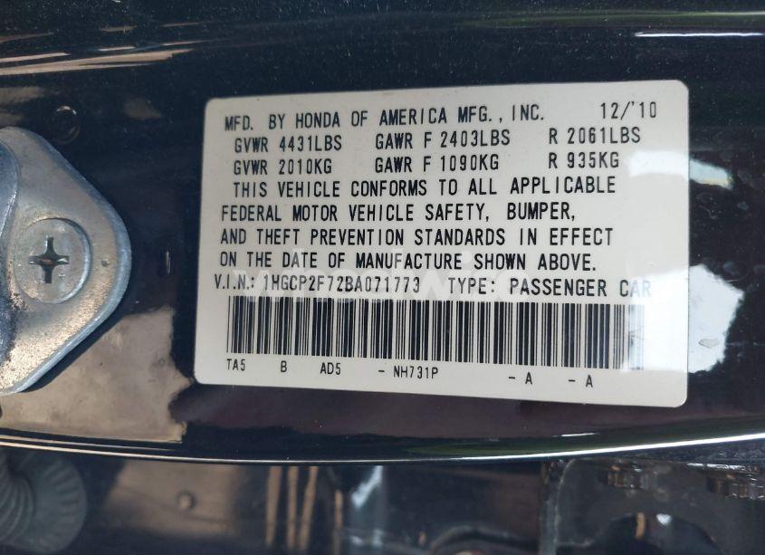 Photo 9 of 2011 Honda Accord 2.4 EX (VIN 1HGCP2F72BA071773)