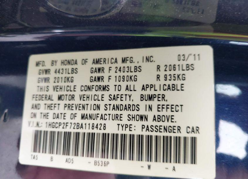 Photo 9 of 2011 Honda Accord 2.4 EX (VIN 1HGCP2F72BA118428)