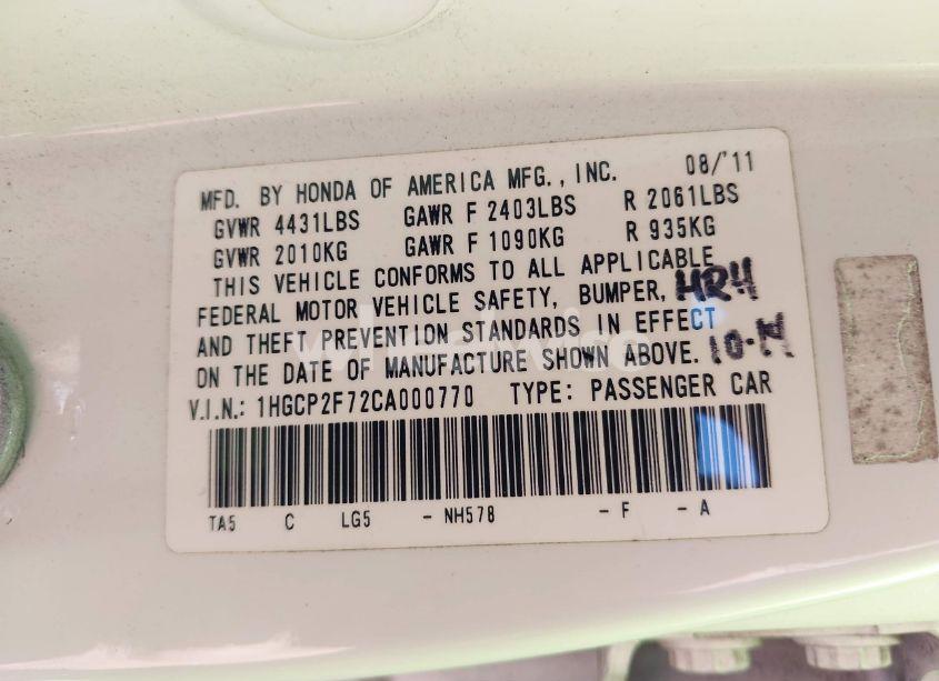 Photo 9 of 2012 Honda Accord 2.4 EX (VIN 1HGCP2F72CA000770)