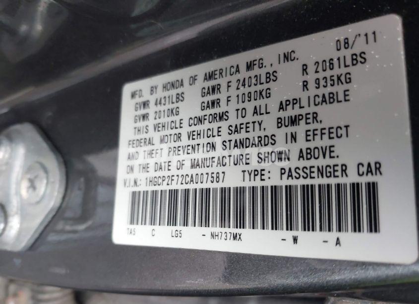 Photo 9 of 2012 Honda Accord 2.4 EX (VIN 1HGCP2F72CA007587)