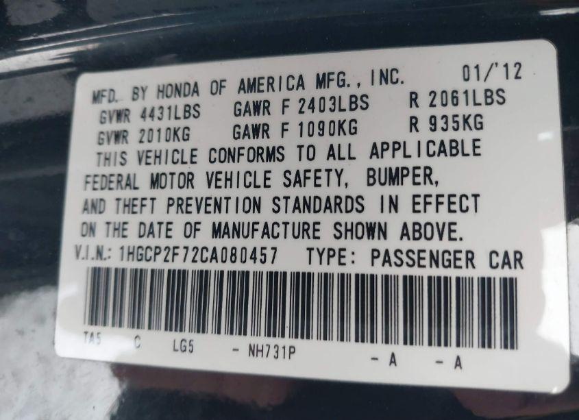 Photo 9 of 2012 Honda Accord SDN EX (VIN 1HGCP2F72CA080457)