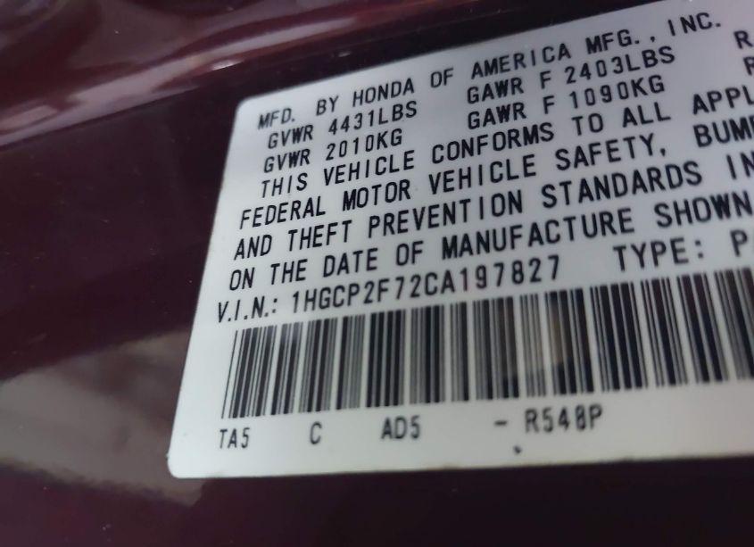 Photo 9 of 2012 Honda Accord 2.4 EX (VIN 1HGCP2F72CA197827)