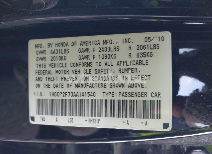 Photo 9 of 2010 Honda Accord 2.4 EX (VIN 1HGCP2F73AA141540)