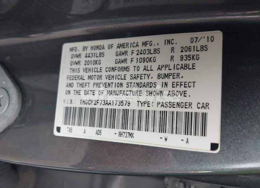 Photo 9 of 2010 Honda Accord 2.4 EX (VIN 1HGCP2F73AA173579)