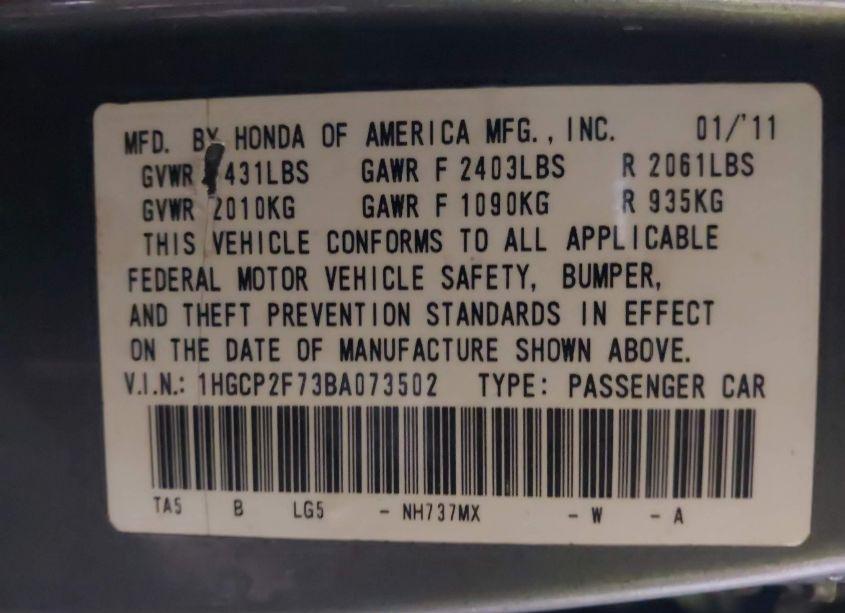Photo 9 of 2011 Honda Accord 2.4 EX (VIN 1HGCP2F73BA073502)