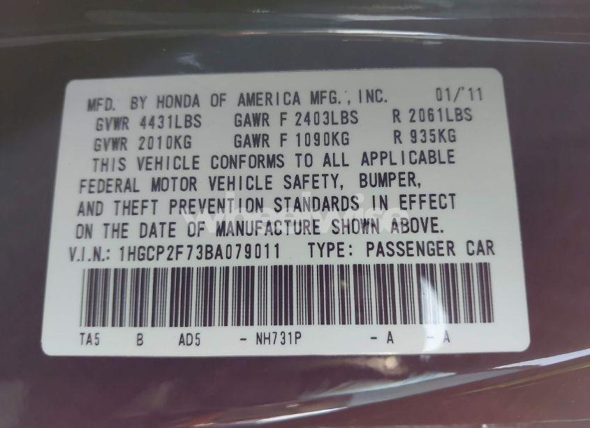 Photo 9 of 2011 Honda Accord 2.4 EX (VIN 1HGCP2F73BA079011)