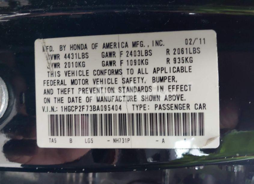 Photo 9 of 2011 Honda Accord 2.4 EX (VIN 1HGCP2F73BA095404)