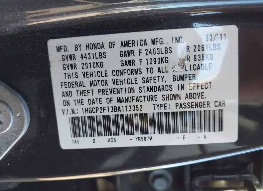 Photo 9 of 2011 Honda Accord 2.4 EX (VIN 1HGCP2F73BA113352)