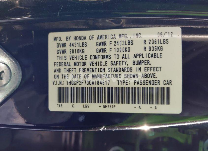 Photo 9 of 2012 Honda Accord 2.4 EX (VIN 1HGCP2F73CA184617)