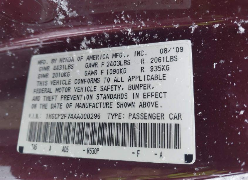 Photo 9 of 2010 Honda Accord 2.4 EX (VIN 1HGCP2F74AA000296)