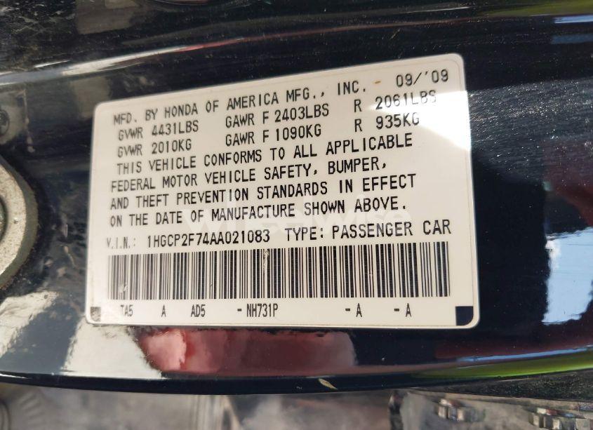 Photo 9 of 2010 Honda Accord 2.4 EX (VIN 1HGCP2F74AA021083)