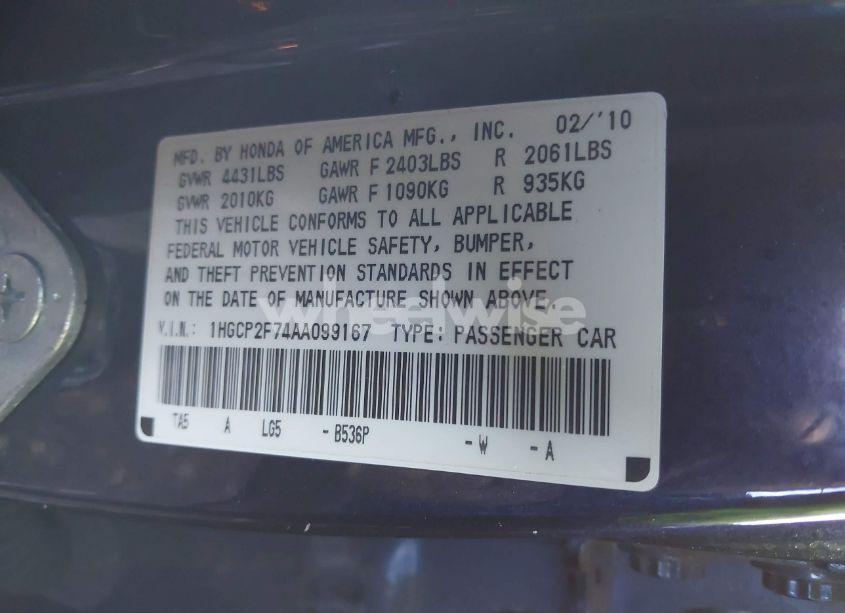 Photo 9 of 2010 Honda Accord 2.4 EX (VIN 1HGCP2F74AA099167)