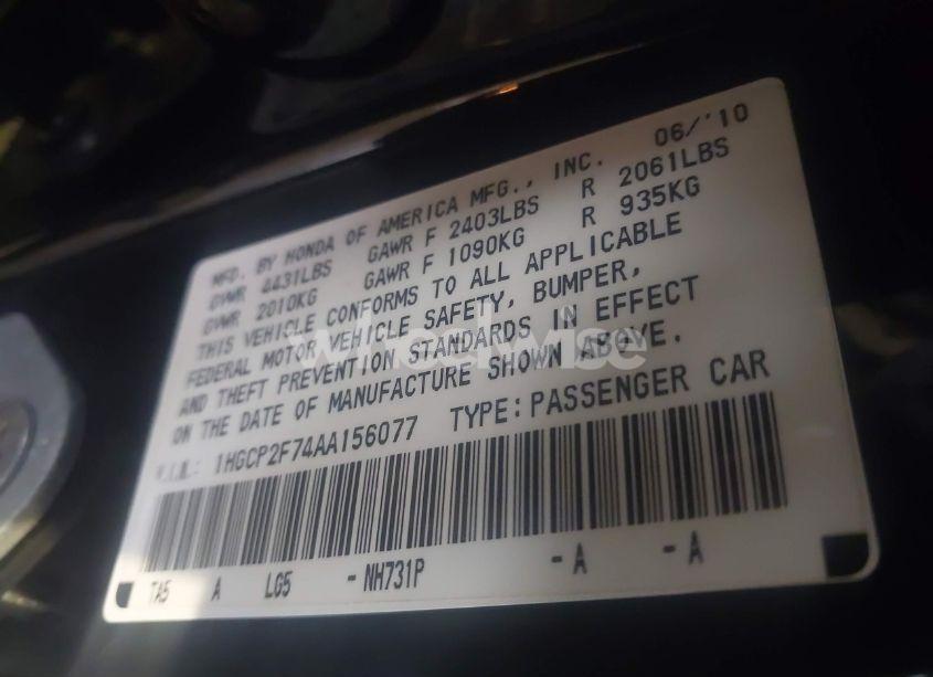 Photo 9 of 2010 Honda Accord 2.4 EX (VIN 1HGCP2F74AA156077)