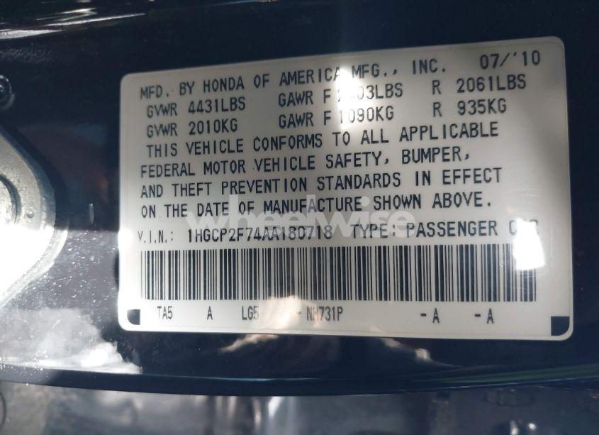 Photo 9 of 2010 Honda Accord 2.4 EX (VIN 1HGCP2F74AA180718)