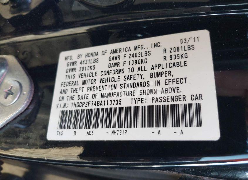 Photo 9 of 2011 Honda Accord 2.4 EX (VIN 1HGCP2F74BA110735)