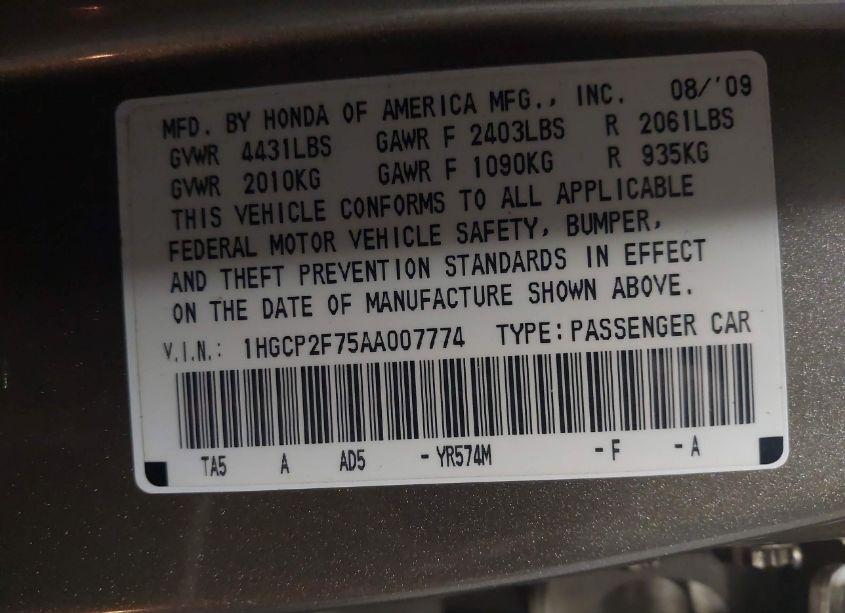 Photo 9 of 2010 Honda Accord 2.4 EX (VIN 1HGCP2F75AA007774)