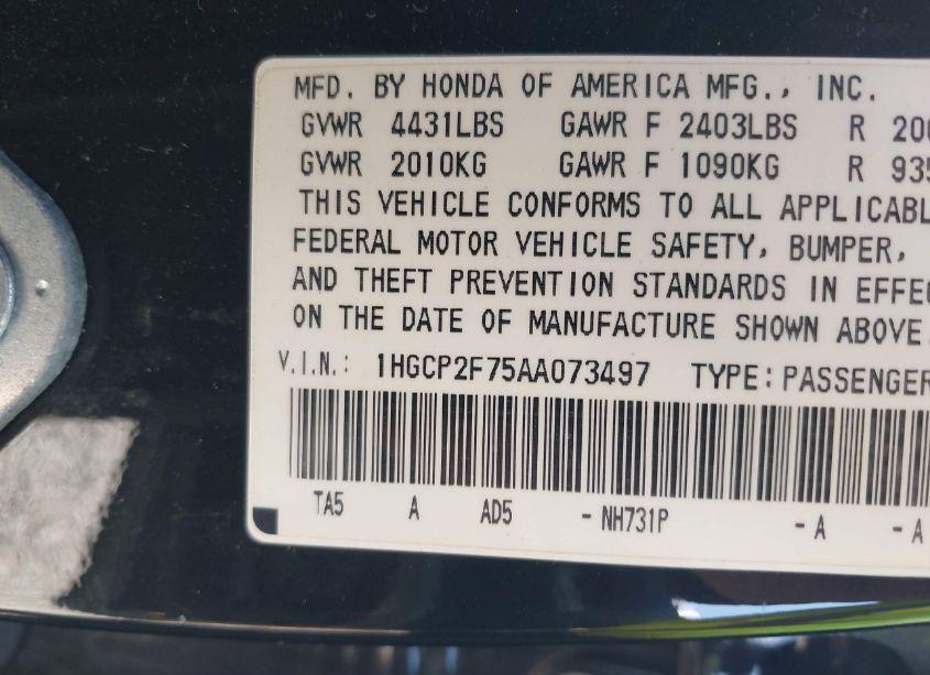 Photo 9 of 2010 Honda Accord 2.4 EX (VIN 1HGCP2F75AA073497)