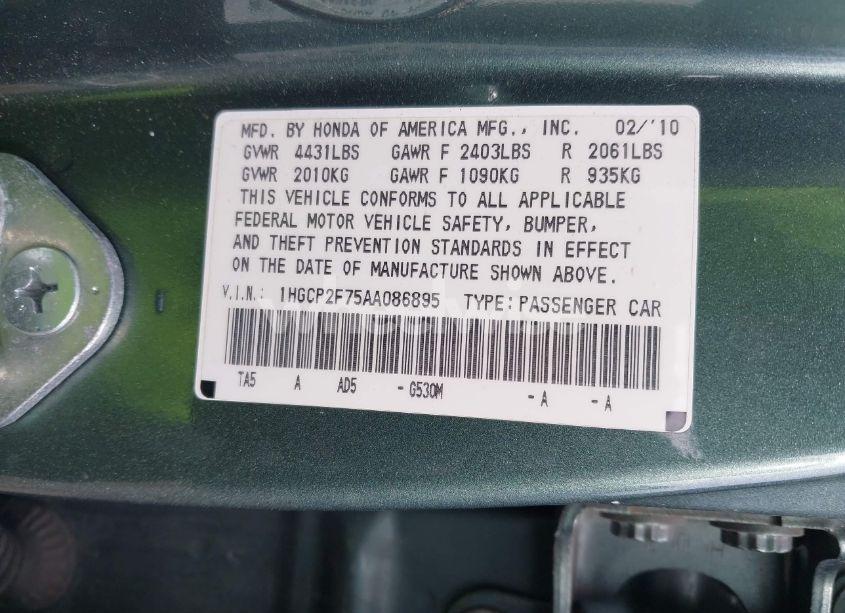 Photo 9 of 2010 Honda Accord 2.4 EX (VIN 1HGCP2F75AA086895)