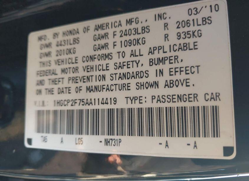 Photo 9 of 2010 Honda Accord 2.4 EX (VIN 1HGCP2F75AA114419)