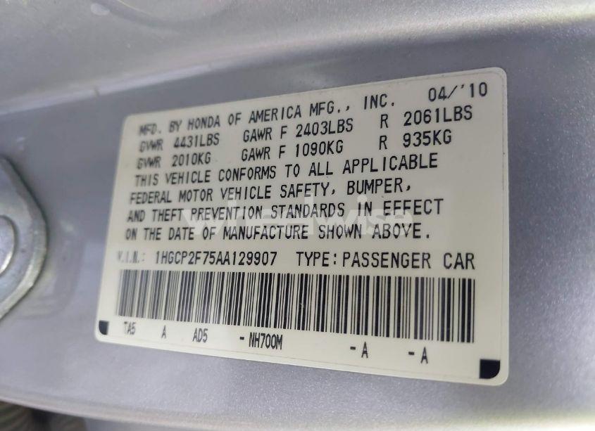 Photo 9 of 2010 Honda Accord 2.4 EX (VIN 1HGCP2F75AA129907)