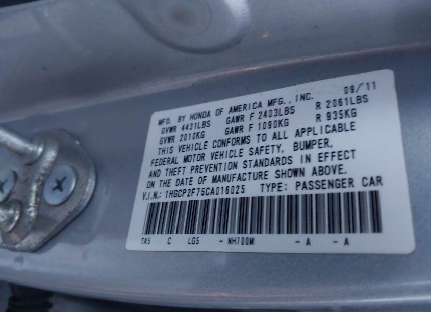 Photo 9 of 2012 Honda Accord SDN EX (VIN 1HGCP2F75CA016025)