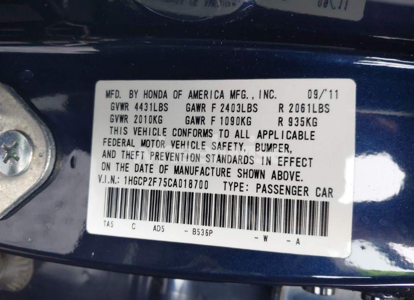 Photo 9 of 2012 Honda Accord 2.4 EX (VIN 1HGCP2F75CA018700)