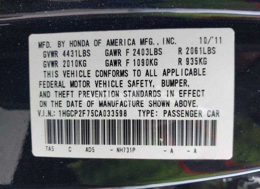 Photo 9 of 2012 Honda Accord 2.4 EX (VIN 1HGCP2F75CA033598)