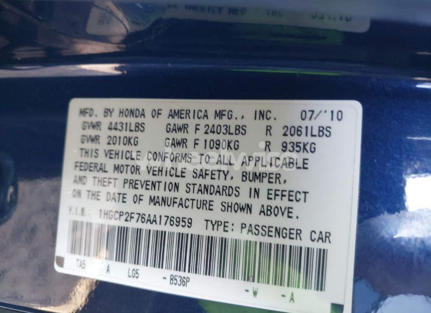 Photo 9 of 2010 Honda Accord 2.4 EX (VIN 1HGCP2F76AA176959)