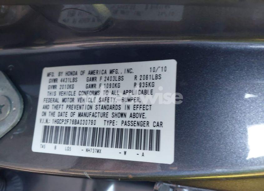 Photo 9 of 2011 Honda Accord 2.4 EX (VIN 1HGCP2F76BA030790)