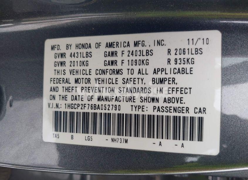 Photo 9 of 2011 Honda Accord 2.4 EX (VIN 1HGCP2F76BA052790)