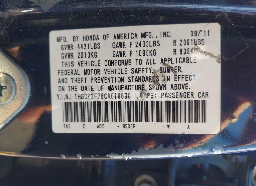 Photo 9 of 2012 Honda Accord 2.4 EX (VIN 1HGCP2F76CA018690)