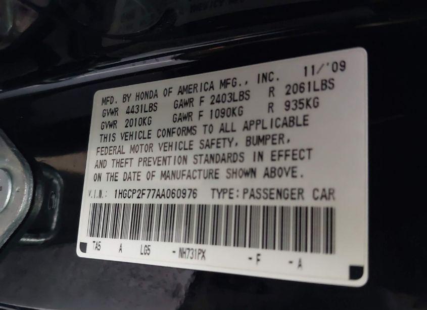 Photo 9 of 2010 Honda Accord 2.4 EX (VIN 1HGCP2F77AA060976)