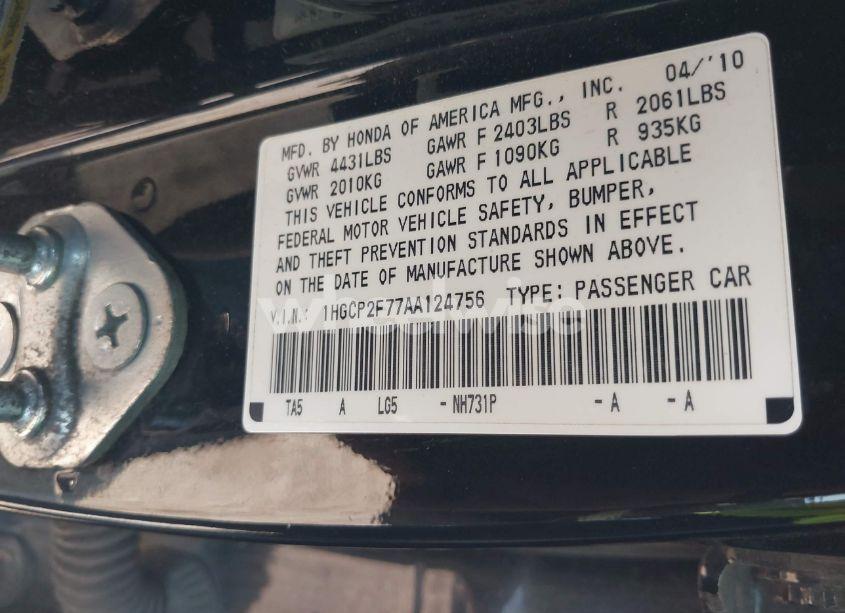 Photo 9 of 2010 Honda Accord 2.4 EX (VIN 1HGCP2F77AA124756)