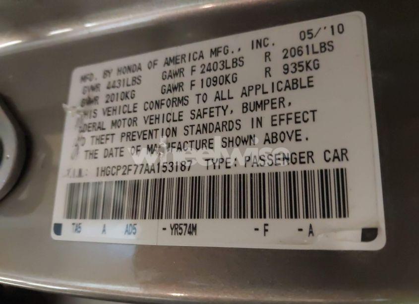 Photo 9 of 2010 Honda Accord 2.4 EX (VIN 1HGCP2F77AA153187)