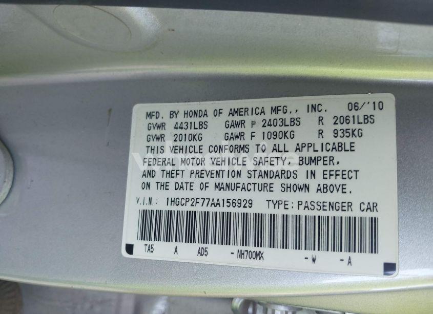 Photo 9 of 2010 Honda Accord 2.4 EX (VIN 1HGCP2F77AA156929)