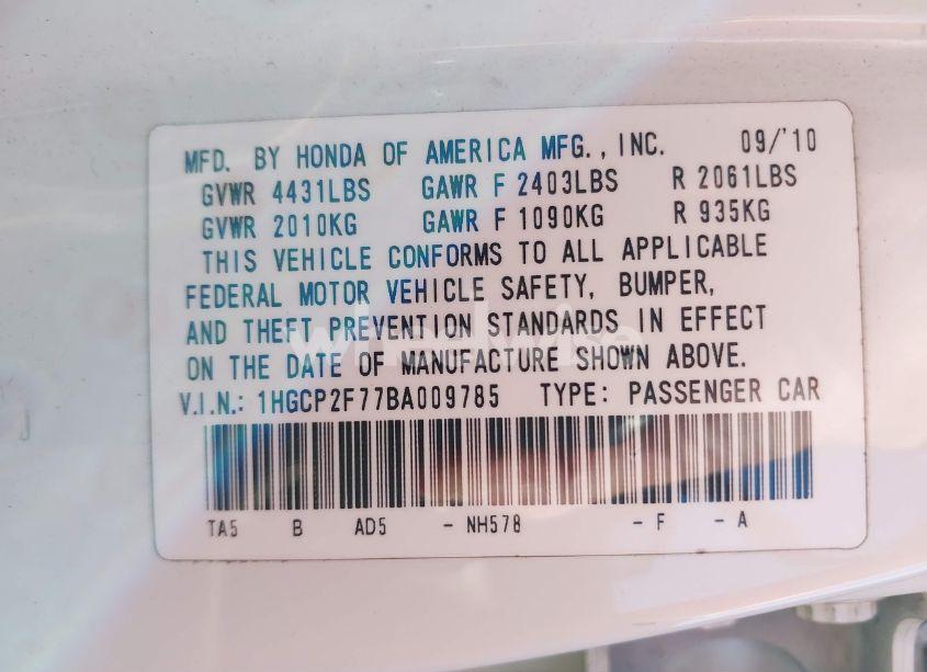 Photo 9 of 2011 Honda Accord 2.4 EX (VIN 1HGCP2F77BA009785)