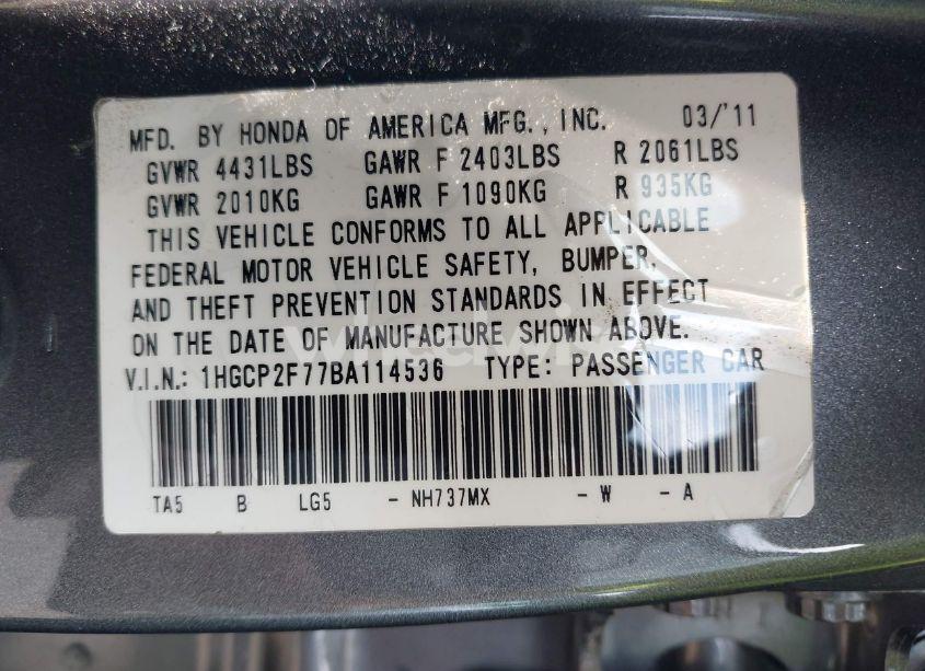 Photo 9 of 2011 Honda Accord 2.4 EX (VIN 1HGCP2F77BA114536)