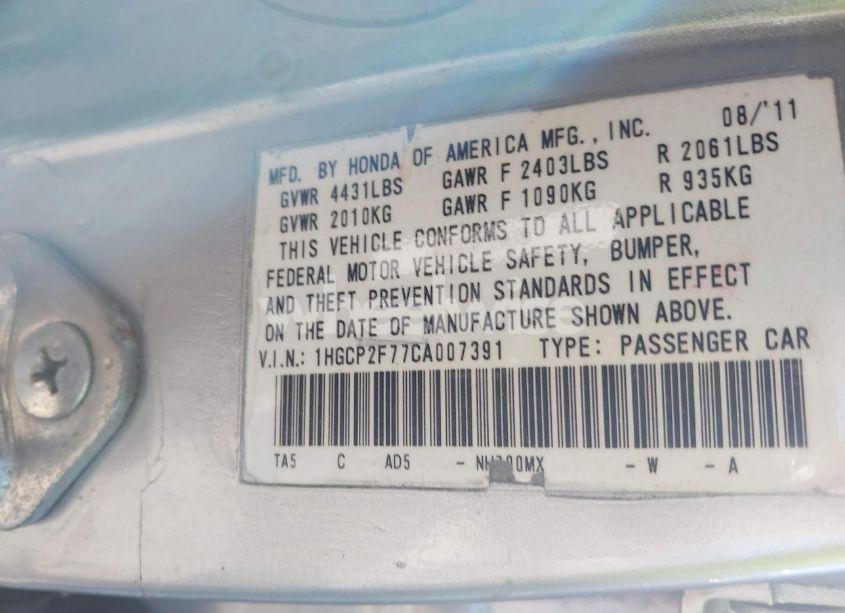 Photo 9 of 2012 Honda Accord 2.4 EX (VIN 1HGCP2F77CA007391)