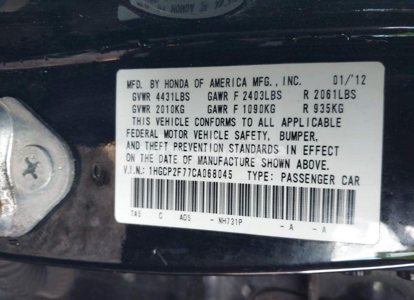 Photo 9 of 2012 Honda Accord 2.4 EX (VIN 1HGCP2F77CA068045)