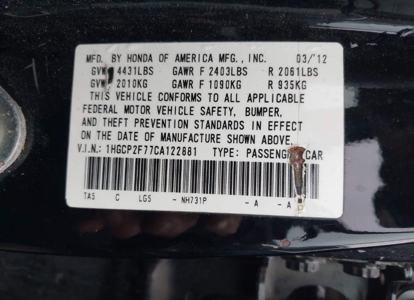 Photo 9 of 2012 Honda Accord 2.4 EX (VIN 1HGCP2F77CA122881)