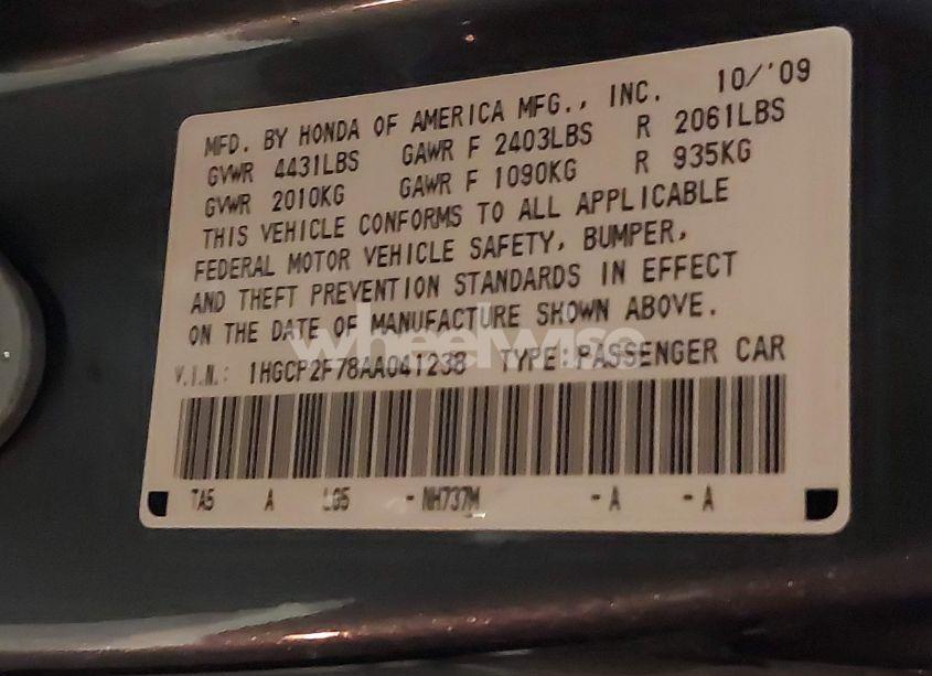 Photo 9 of 2010 Honda Accord 2.4 EX (VIN 1HGCP2F78AA041238)