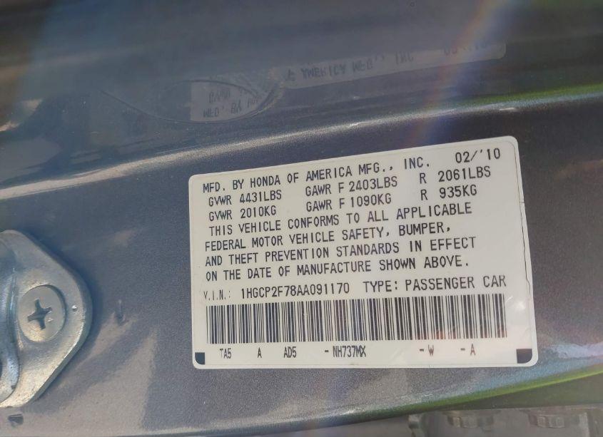 Photo 9 of 2010 Honda Accord 2.4 EX (VIN 1HGCP2F78AA091170)