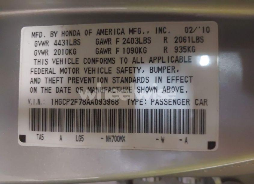 Photo 9 of 2010 Honda Accord 2.4 EX (VIN 1HGCP2F78AA093968)