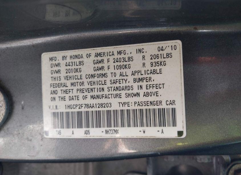 Photo 9 of 2010 Honda Accord 2.4 EX (VIN 1HGCP2F78AA128203)