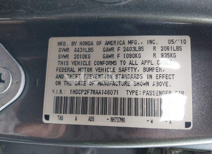 Photo 9 of 2010 Honda Accord 2.4 EX (VIN 1HGCP2F78AA146071)