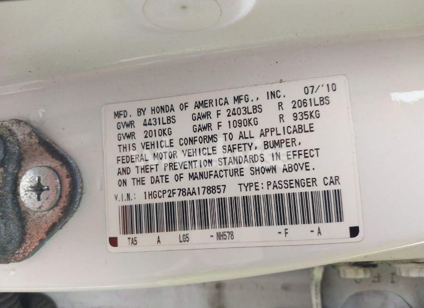 Photo 9 of 2010 Honda Accord 2.4 EX (VIN 1HGCP2F78AA178857)